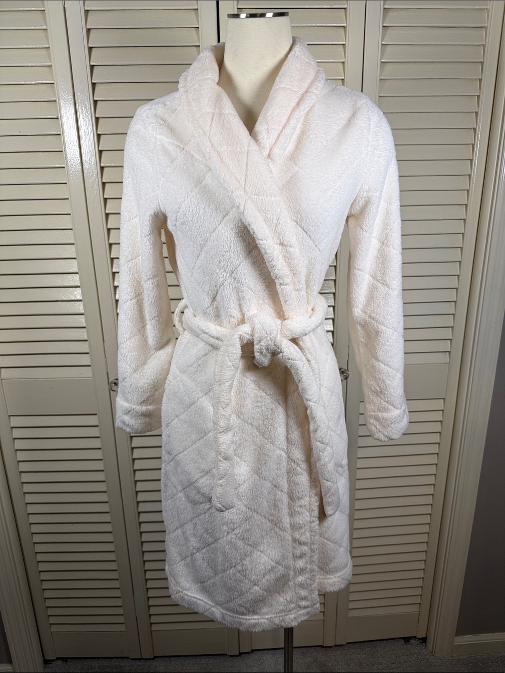 Talbots Ivory White Chevron Quilted Plush Fleece Tie Waist Wrap Robe S